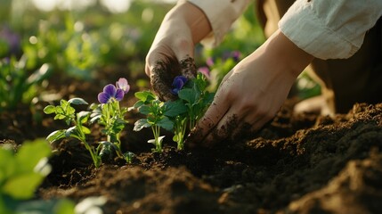 Fototapeta premium Close-up of planting flowers in a garden