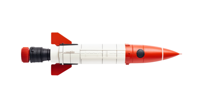 Retro rocket model isolated on a black background, cut out transparent