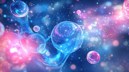 Naklejka premium Abstract floating transparent spheres on a vivid pink and blue gradient background with glowing particles and light streaks