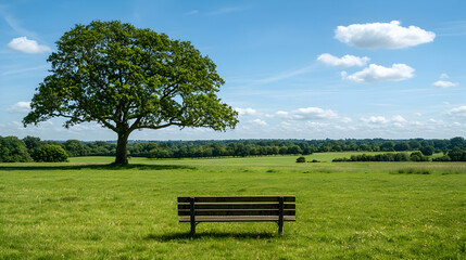 Lonely Wooden Bench Under Lush Green Tree on Sunny Day with Blue Sky Horizon View