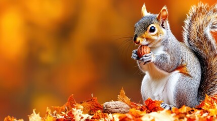 Squirrel gathering nuts in autumn leaves forest wildlife photography vibrant environment close-up view nature's beauty