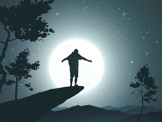 Climbing alone. Man silhouette on cliff edge. Moonlight starry night