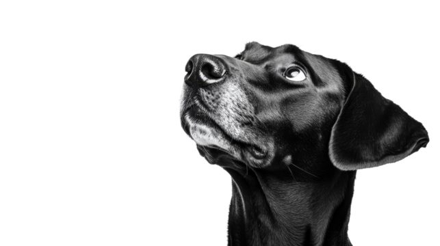 Black dog looks up, attentive canine gaze, on a black background, cut out transparent