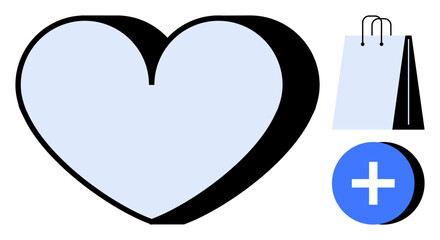 Heart for favorites, shopping bag, and add icon representing wish lists, online shopping, and personalization. Ideal for e-commerce, retail, marketing, UX design customer loyalty convenience flat