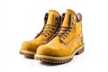 Classic Yellow Work Boots Isolated on White Background for Fashion or Utility