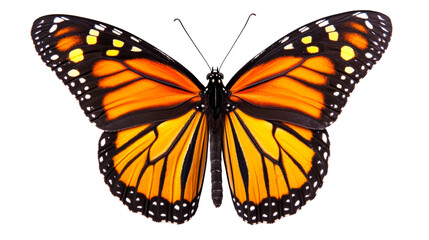 Fototapeta premium Monarch butterfly on black background with orange wings, cut out transparent