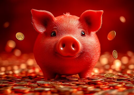 A happy red piggy bank surrounded by scattered coins and wealth