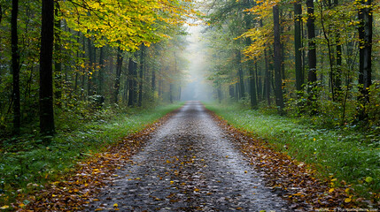 Fototapeta premium Autumnal Path Through Foggy Forest