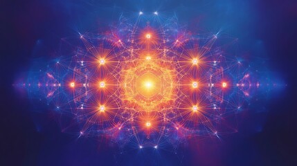 Obraz premium Abstract digital art with glowing orange and yellow center, radiating intricate patterns, and transitioning to blue and purple edges