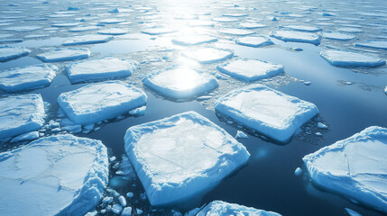 Top down view of shifting and melting icebergs in the sun