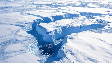 Top down view of shifting and melting icebergs in the sun