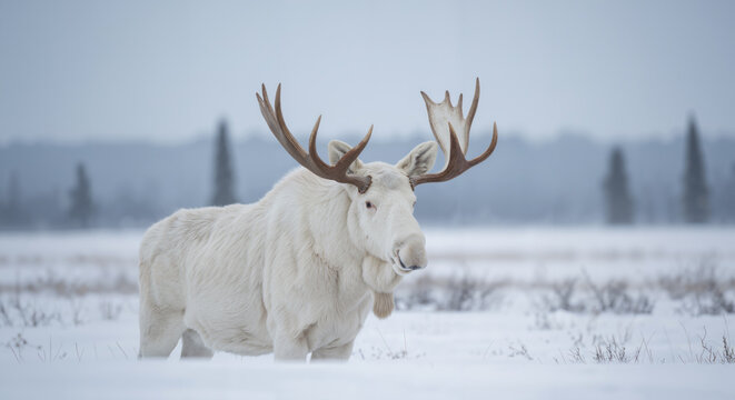 White albino moose bull standing knee deep in white snow in an area reminiscent of Montana during winter