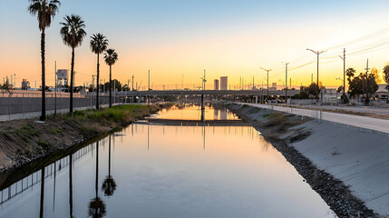 Fototapeta premium Tranquil Sunset Over Reflective Waterway With Palm Trees and Urban Bridge in Evening Light