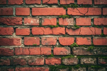 A Detailed View of an Old Cracked Brick Wall with Patches of Moss