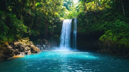 Fototapeta premium Secluded jungle waterfall cascading into a turquoise pool in tropical paradise