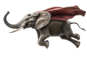 Obraz premium An Elephant Wearing a Cape Flying Against a White Background