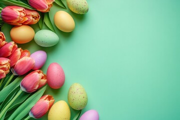 Pastel Easter eggs and tulips on mint green background
