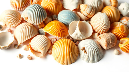 Set of colorful seashells, objects isolated on white background. Cutout natural clams, Shells of mollusks with soft shadows, beauty nature, organic shapes and macro texture details, design elements