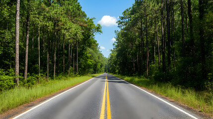 Obraz premium Straight Asphalt Road Through Dense Green Forest Under Blue Sky with White Clouds