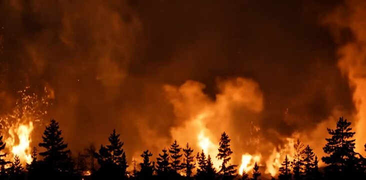 large flames of forest fire at night