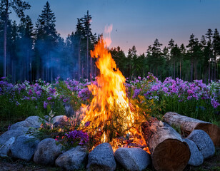 A Finnish midsummer bonfire surrounded by gathered logs in a forest clearing with wildflowers visible under twilight.