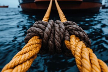 Fototapeta premium Close-up view of nautical ropes tied together. Ocean background