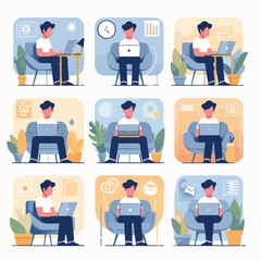 vector young man playing laptop 