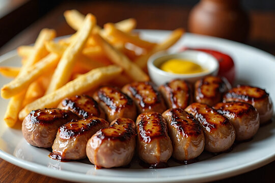 Grilled kebapche with fries, mustard, and ketchup on a white plate