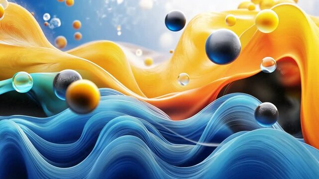 Abstract Fluidity: A vibrant display of flowing, dynamic forms and colors, creating a sense of movement and visual texture. Sphere-like objects intersperse throughout.
