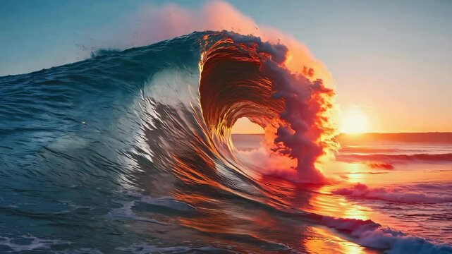 Majestic ocean waves crash and reflect vibrant sunset colors at golden hour capturing nature's raw power and beauty in coastal seascape
