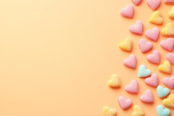 Obraz premium Pastel heart candies on orange background; Valentine's Day card design