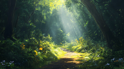 Sunlight streams through the dense canopy of a lush forest, illuminating the path ahead. Enchanted Growth. Illustration