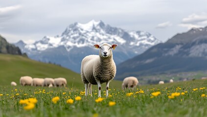 Fototapeta premium Majestic sheep grazing in a vibrant meadow under the shadow of snow-capped mountains at dusk in the heart of nature's beauty