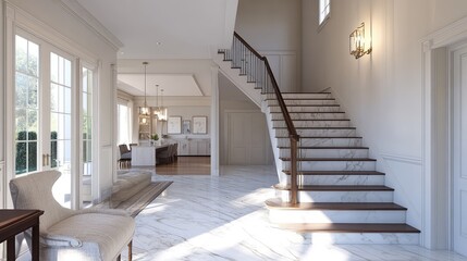 A modern cantilevered staircase with dark wooden steps and a hidden LED strip lighting system, set against a neutral-toned wall.
A minimalist spiral staircase made of smooth concrete, wrapping elegant