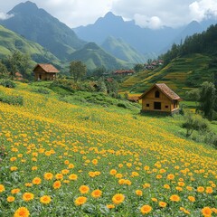 Fototapeta premium Serene Mountain Village with Yellow Flower Fields