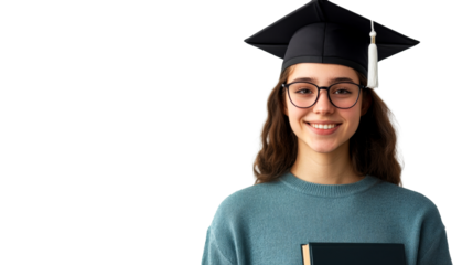 Smiling graduate with cap and glasses, holds book, isolated, cut out transparent