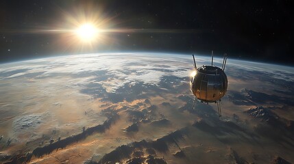 Satellite Orbiting Planet at Sunrise, A satellite orbits a planet with a bright sun in the background