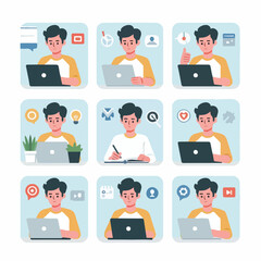 vector young man playing laptop 