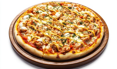 Delicious pizza with chicken, tuna, and melted cheese