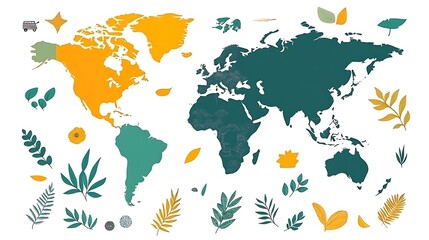 Obraz premium Simple world map with leaves and floral elements.