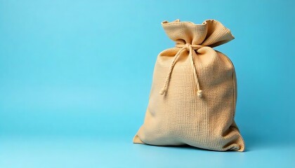 jute sack mockups on blue isolated background, Tied burlap bags, product display, advertisement,  created with generative ai