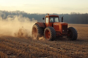 Obraz premium An old tractor is tilling the soil in a rural field during sunset, generating clouds of dust as it moves across the landscape, showcasing agricultural life Generative AI