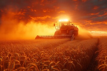 Fototapeta premium A large autonomous harvester operates in a ripe wheat field as the sun sets, illuminating the landscape with golden hues and creating dust clouds in the air Generative AI