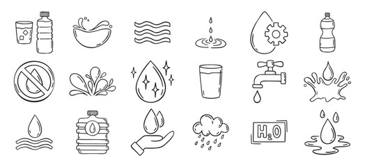 Water doodle hand drawn icons set. Water drawing sketch signs 
