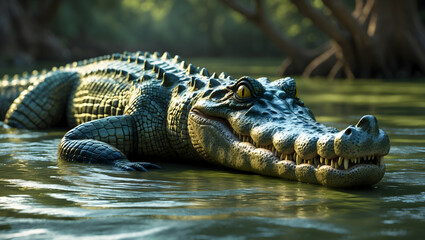 Obraz premium Powerful crocodile resting in river, amidst lush, verdant jungle environment. 