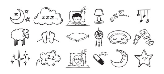 Hand drawn doodle Set of Sleep Related. Sleeping drawing icons
