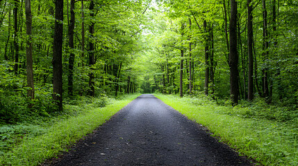 Fototapeta premium Asphalt Path Through Lush Green Forest Canopy With Sunlight And Natural Environment