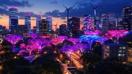Naklejka premium Illuminated city park, skyscrapers, wind turbines, night