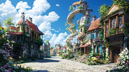 Obraz premium Pixelated Town Street With Spiral Stairway And Floral Decor