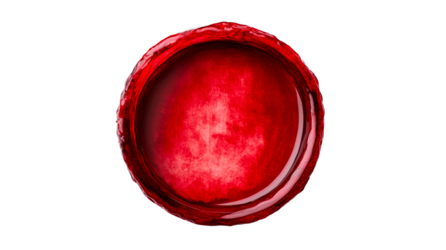 Round red bloody liquid circle, abstract texture, black backdrop, cut out transparent